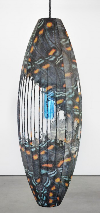 Bait (Swallowtail), 2017<br />
Stainless steel frame, water transfer print on Cocoon polymer coating, epoxy resin, ultraviolet lights, primer, electrostatically charged stainless steel wire cage, polycarbonate, stainless steel ceiling mount, electrical cord and grip, hardware