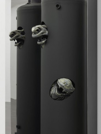 Disgorger (Water heater), detail, 2017<br />
Mirror polished stainless steel, acrylic paint, powdercoated steel water heater, high density urethane foam, polyurea, acrylic primer and paint, hoses and vacuum.